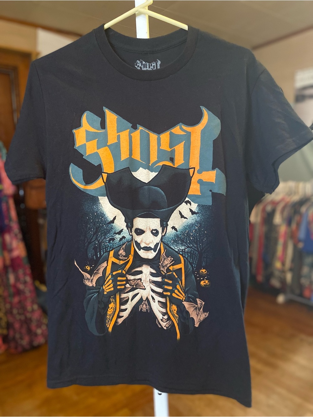 Ghost Graphic Short-Sleeve Tee in Black with Orange and Blue Print
